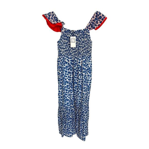 THML Bentley Midi Dress NEW Medium Floral Ruffled Blue, white, Orange Smocked - Picture 1 of 9